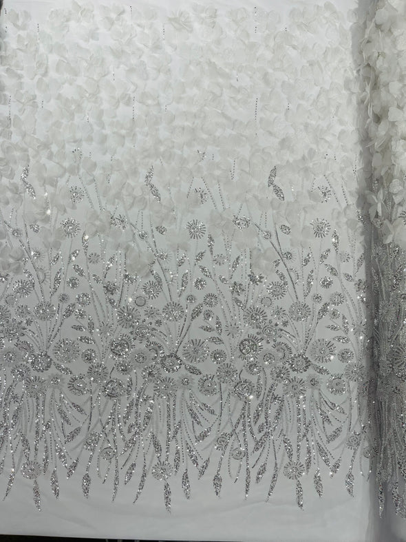 White Luxury 3D Floral/Butterfly Beaded Lace, Sold by The Yard.
