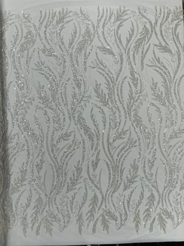 White Luxury Festival Beaded Vine Lace Fabric, Sold by The Yard.