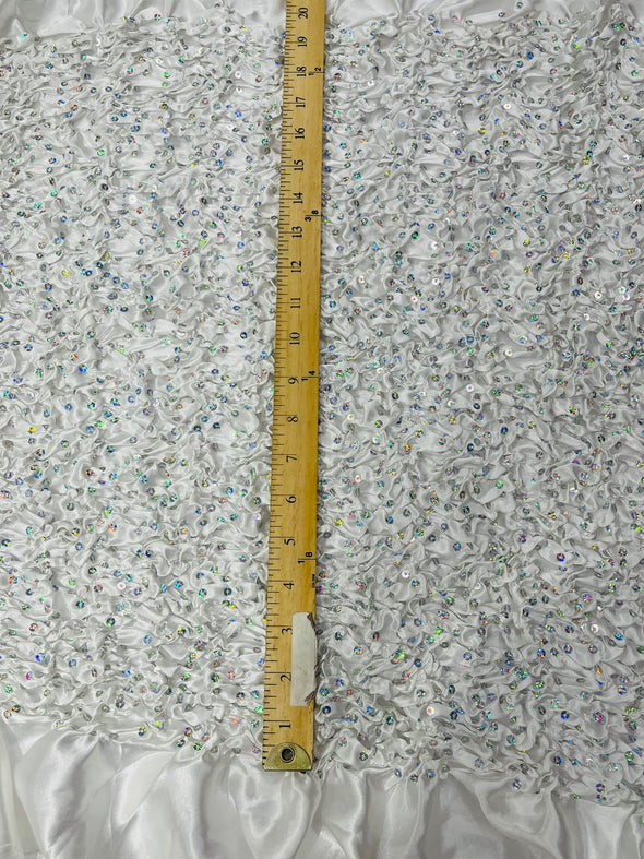 Pleated Stretch Satin Ruffle lace Trim With Hologram Sequin/24" Wide/Sold By The Yard.