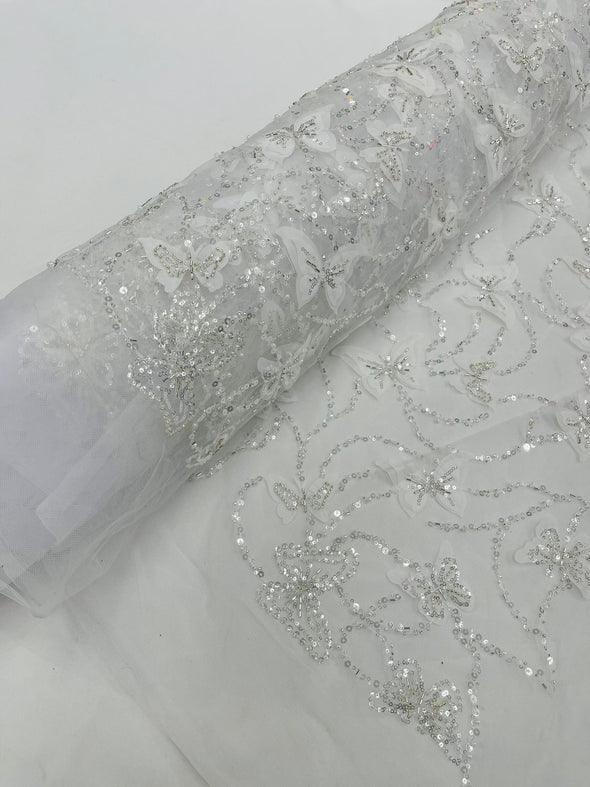 White 3D Butterfly Design Embroider and Beaded on a Mesh Lace-Prom-Sold by yard.