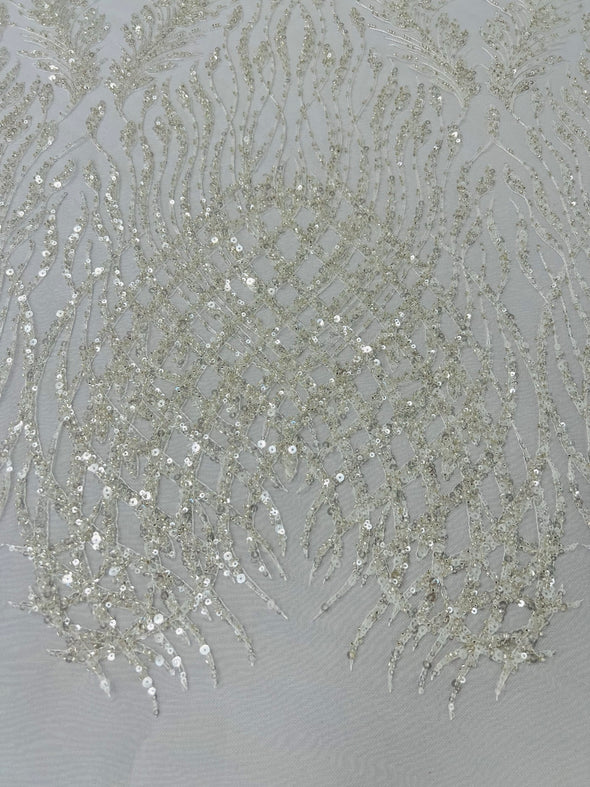 White Feathers damask embroider and heavy beaded on a mesh lace fabric- Sold by the yard