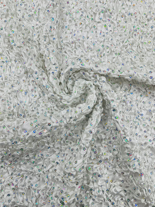 Pleated Stretch Satin Ruffle lace Trim With Hologram Sequin/24" Wide/Sold By The Yard.