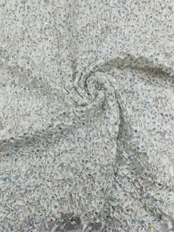 Pleated Stretch Satin Ruffle lace Trim With Hologram Sequin/24" Wide/Sold By The Yard.