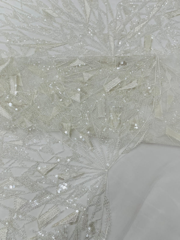 White Geometric Beaded Design On A Mesh Lace Fabric (By The Yard)