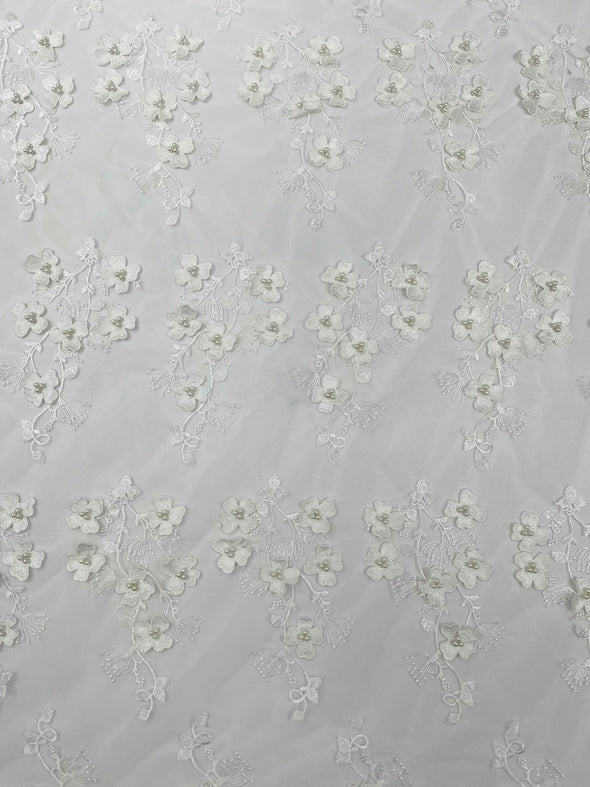 Multi Color 3D Floral Design Embroider with Pearls in a Mesh Lace -Sold by the yard.