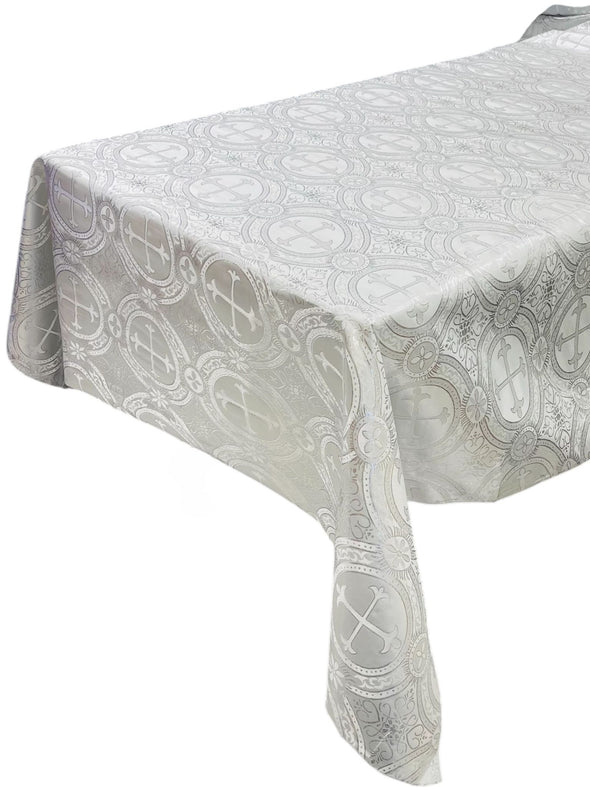 White Rectangular Metallic Cross Brocade Jacquard Satin Table Overlay/Religious Brocade/Liturgical Fabric/Church.