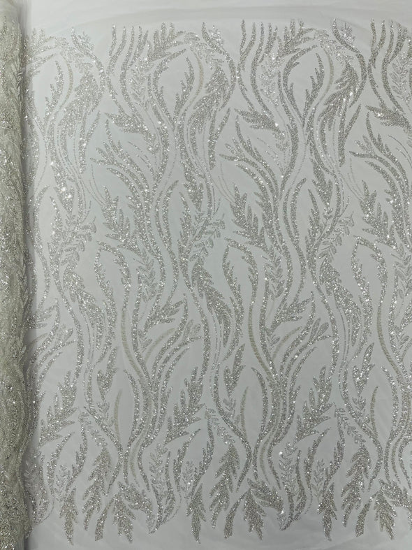 White Luxury Festival Beaded Vine Lace Fabric, Sold by The Yard.