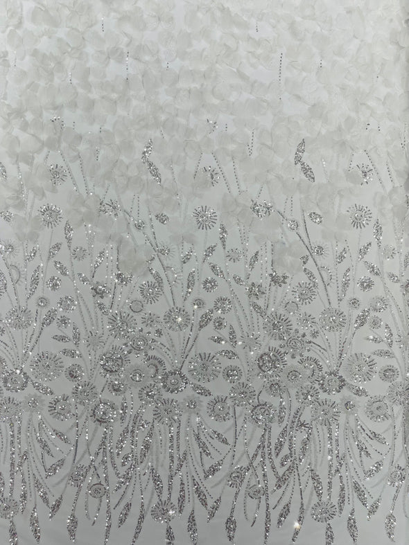 White Luxury 3D Floral/Butterfly Beaded Lace, Sold by The Yard.