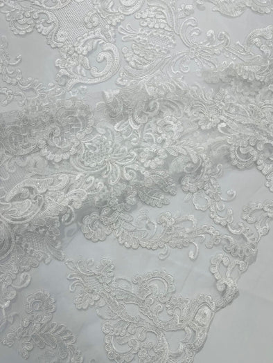 White Embroidery Damask Design With Sequins On A Mesh Lace Fabric/Prom/Wedding