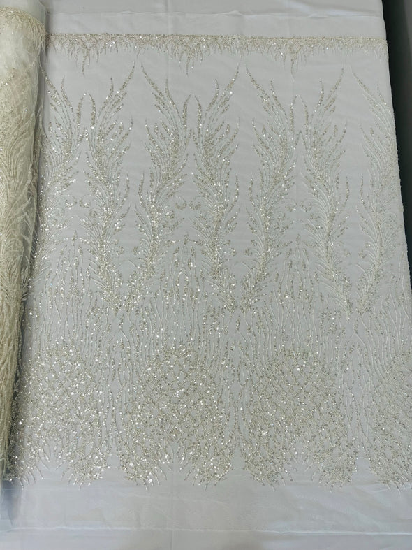 White Feathers damask embroider and heavy beaded on a mesh lace fabric- Sold by the yard