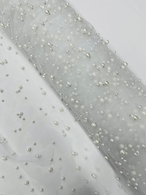 Heavy Scattered Pearls Studded Mesh, 2-Way Stretch, Sold By The Yard.