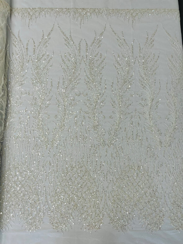 White Feathers damask embroider and heavy beaded on a mesh lace fabric- Sold by the yard