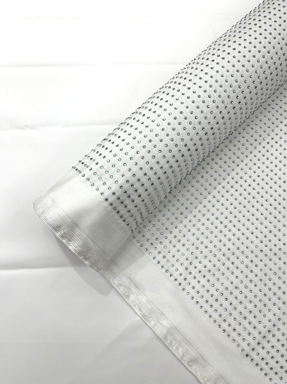 White Rhinestone 4 Way Nylon Spandex Fabric By The Yard.