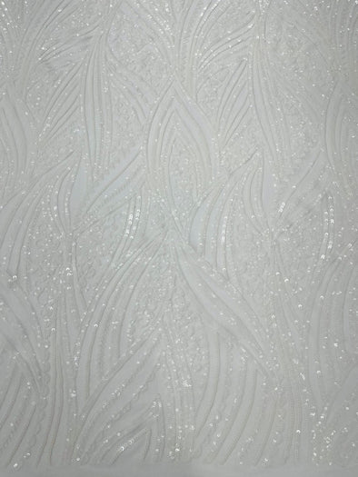 White Shiny Geometric Feather wing shiny sequin design on a 4 way stretch mesh Fabric-prom-sold by the yard.