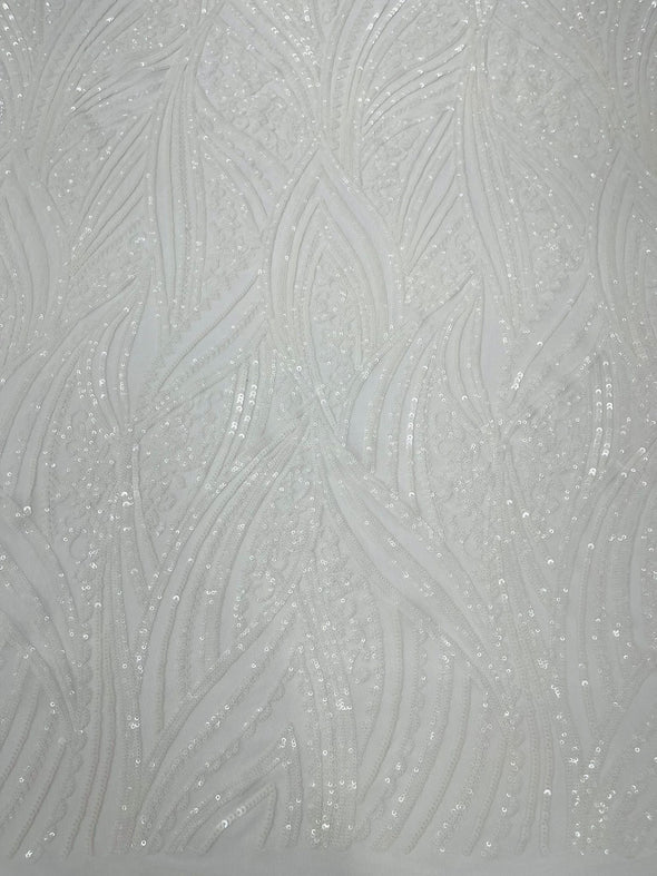 White Shiny Geometric Feather wing shiny sequin design on a 4 way stretch mesh Fabric-prom-sold by the yard.