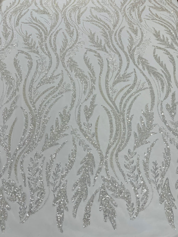 White Luxury Festival Beaded Vine Lace Fabric, Sold by The Yard.