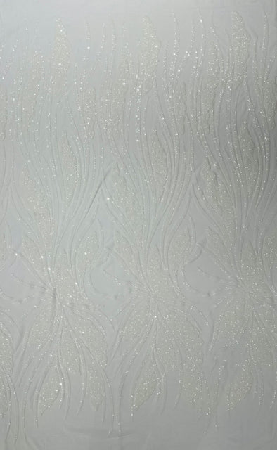 White  Feather damask shiny sequin design on a 4 way stretch mesh Fabric-prom-Sold by the yard