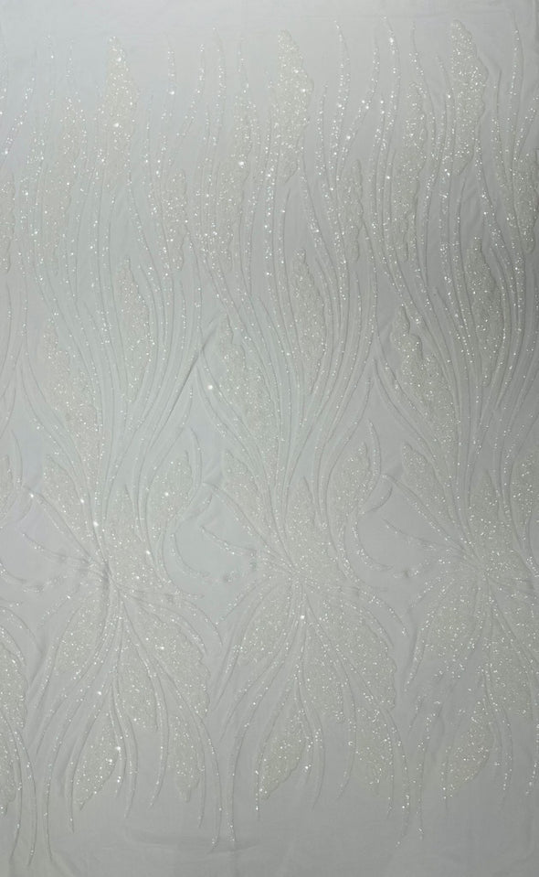 White  Feather damask shiny sequin design on a 4 way stretch mesh Fabric-prom-Sold by the yard