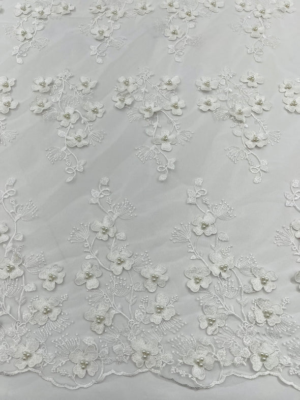 Multi Color 3D Floral Design Embroider with Pearls in a Mesh Lace -Sold by the yard.