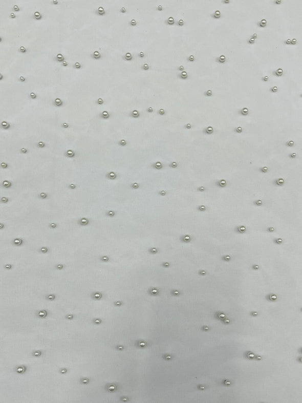 Heavy Scattered Pearls Studded Mesh, 2-Way Stretch, Sold By The Yard.