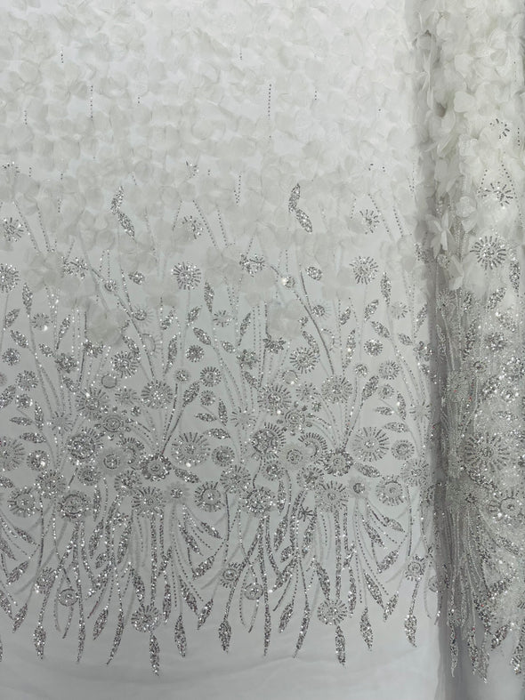 White Luxury 3D Floral/Butterfly Beaded Lace, Sold by The Yard.