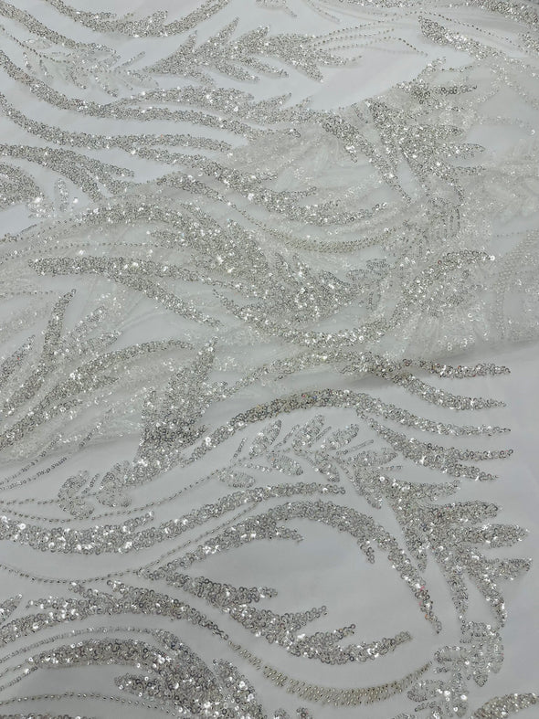 White Luxury Festival Beaded Vine Lace Fabric, Sold by The Yard.