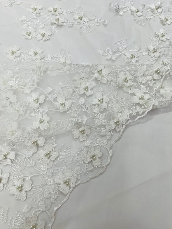 Multi Color 3D Floral Design Embroider with Pearls in a Mesh Lace -Sold by the yard.