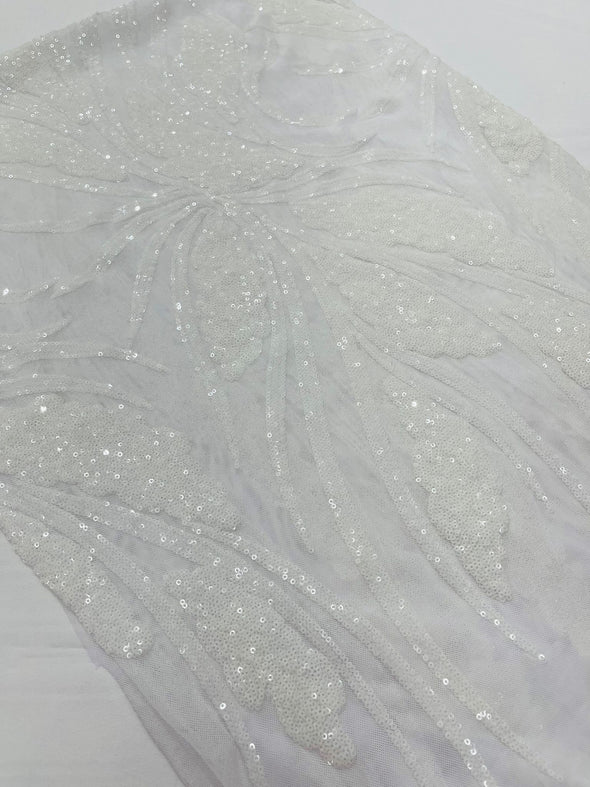 White  Feather damask shiny sequin design on a 4 way stretch mesh Fabric-prom-Sold by the yard