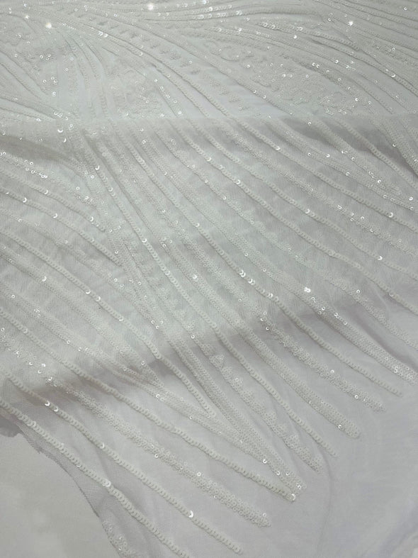 White Shiny Geometric Feather wing shiny sequin design on a 4 way stretch mesh Fabric-prom-sold by the yard.