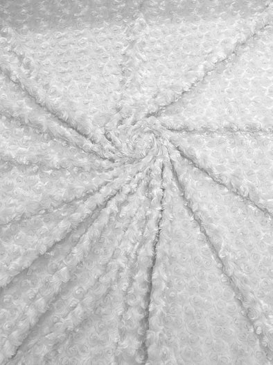 White 58" Wide Minky Swirl Rose Blossom Ball Rosebud Plush Fur Fabric Polyester-Sold by Yard.