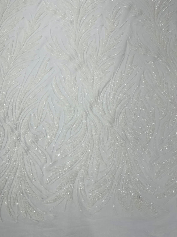 White Feather damask shiny sequin design on a 4 way stretch mesh Fabric-prom-Sold by the yard