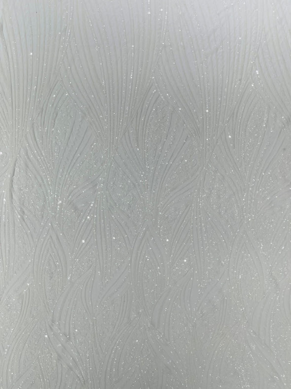 White Shiny Geometric Feather wing shiny sequin design on a 4 way stretch mesh Fabric-prom-sold by the yard.