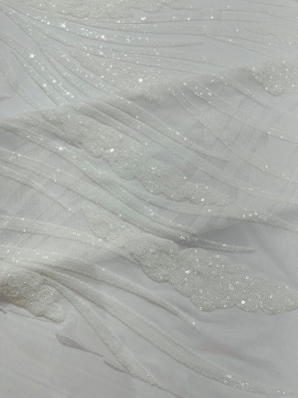 White  Feather damask shiny sequin design on a 4 way stretch mesh Fabric-prom-Sold by the yard