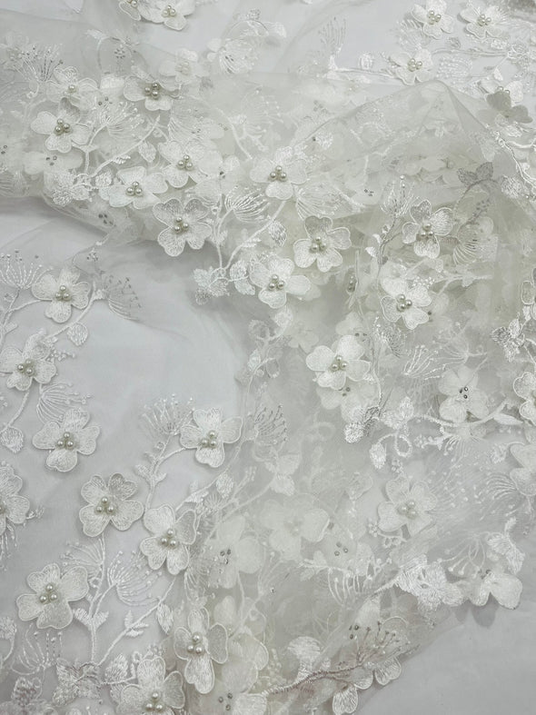 Multi Color 3D Floral Design Embroider with Pearls in a Mesh Lace -Sold by the yard.