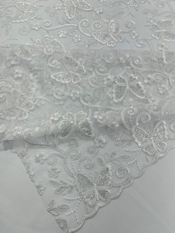 White Corded Lace/ Butterfly Design Embroidered With Sequin on a Mesh Lace Fabric