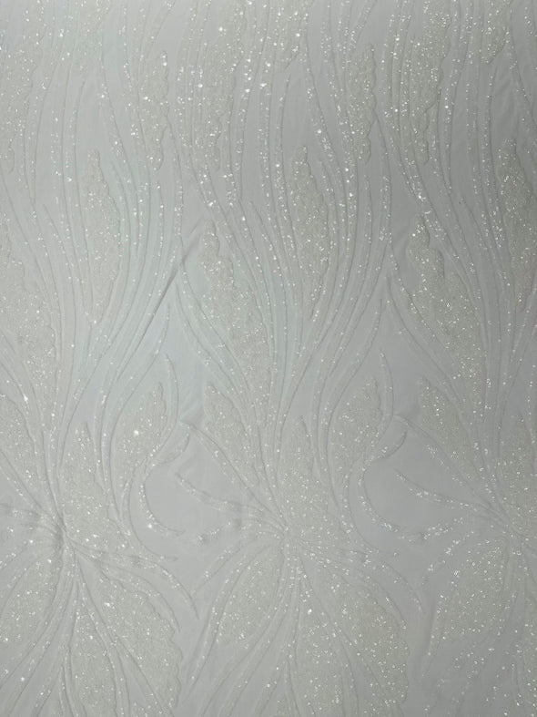 White  Feather damask shiny sequin design on a 4 way stretch mesh Fabric-prom-Sold by the yard