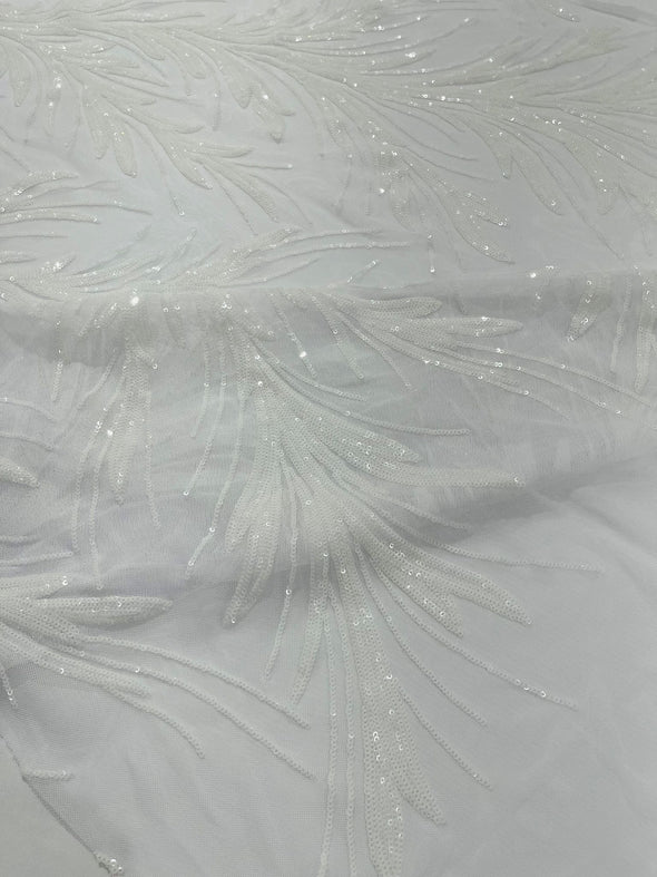 White Feather damask shiny sequin design on a 4 way stretch mesh Fabric-prom-Sold by the yard