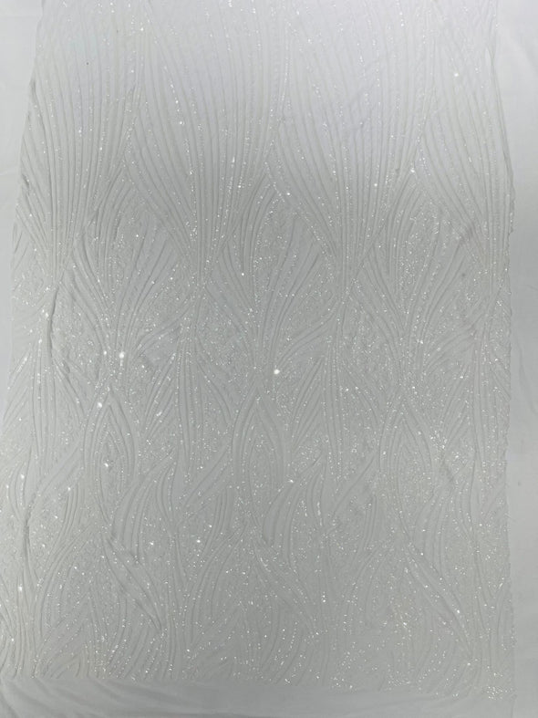 White Shiny Geometric Feather wing shiny sequin design on a 4 way stretch mesh Fabric-prom-sold by the yard.