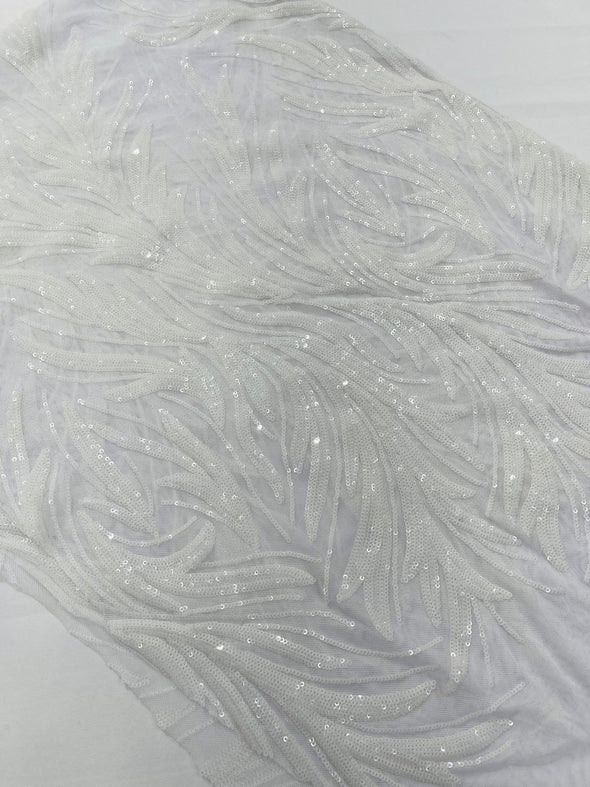 White Feather damask shiny sequin design on a 4 way stretch mesh Fabric-prom-Sold by the yard