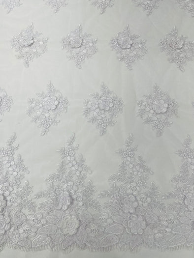 White Corded Lace 3D Floral Embroider, Sold by the yard.