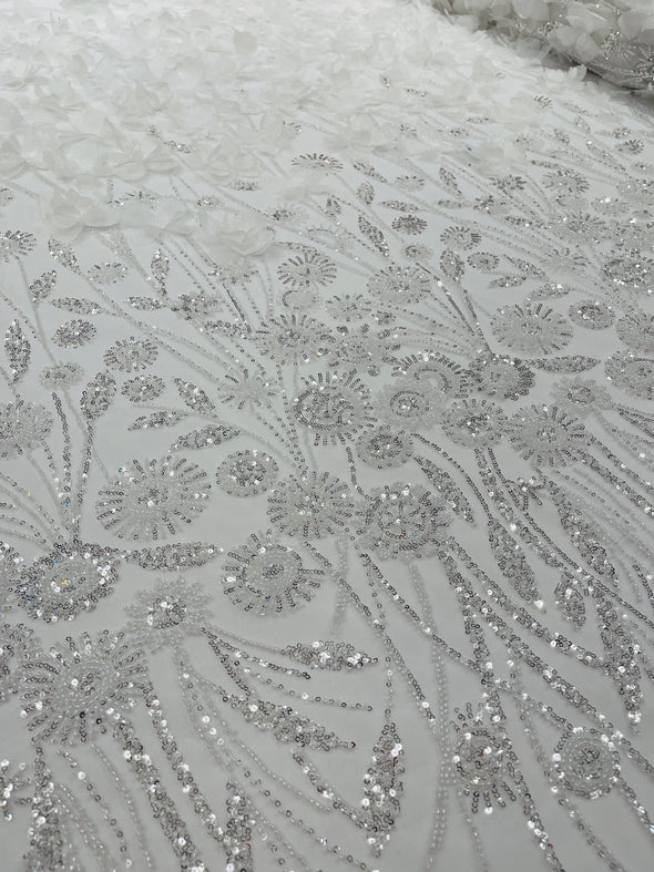 White Luxury 3D Floral/Butterfly Beaded Lace, Sold by The Yard.