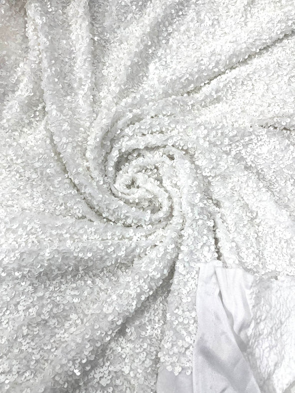 White 54" Stretch Velvet with Luxury Sequins All Over 5mm Shining Sequins 2-Way Stretch. Sold by the yard.