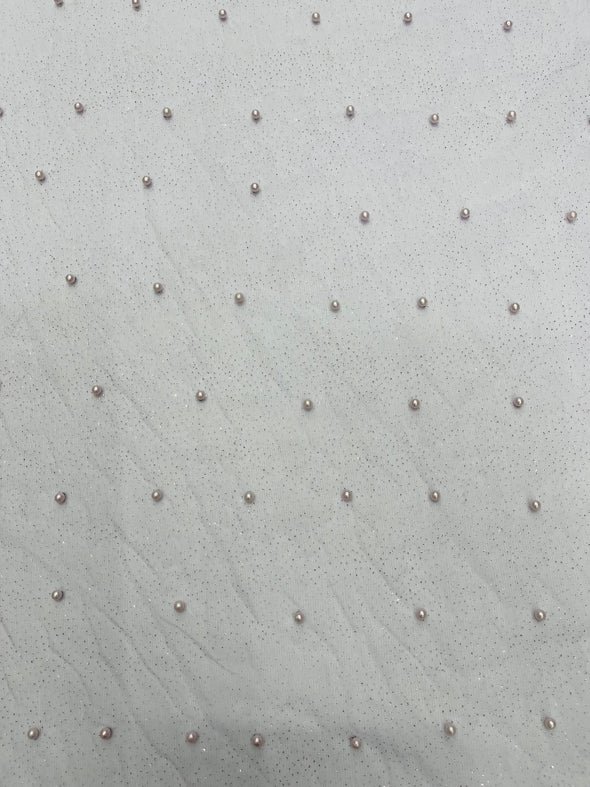 Pearl Glitter Studded Mesh, 2-Way Stretch Shimmer Mesh Fabric, Sold by the yard.