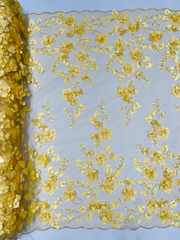 Yellow Double Scalloped Orquidia 3D Floral Design Embroider and Beaded With Pearls On a Mesh Lace-Prom-Dresses-Apparel-Fashion SoldByYard
