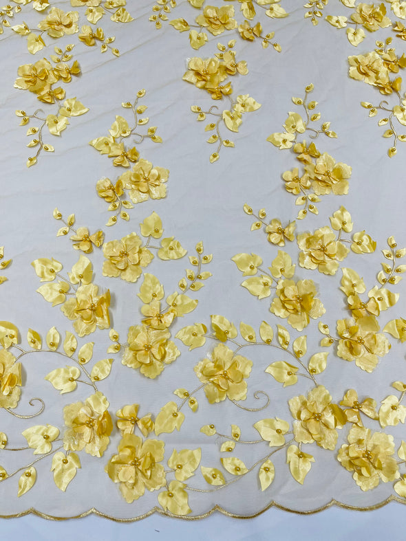 Yellow Double Scalloped Orquidia 3D Floral Design Embroider and Beaded With Pearls On a Mesh Lace-Prom-Dresses-Apparel-Fashion SoldByYard