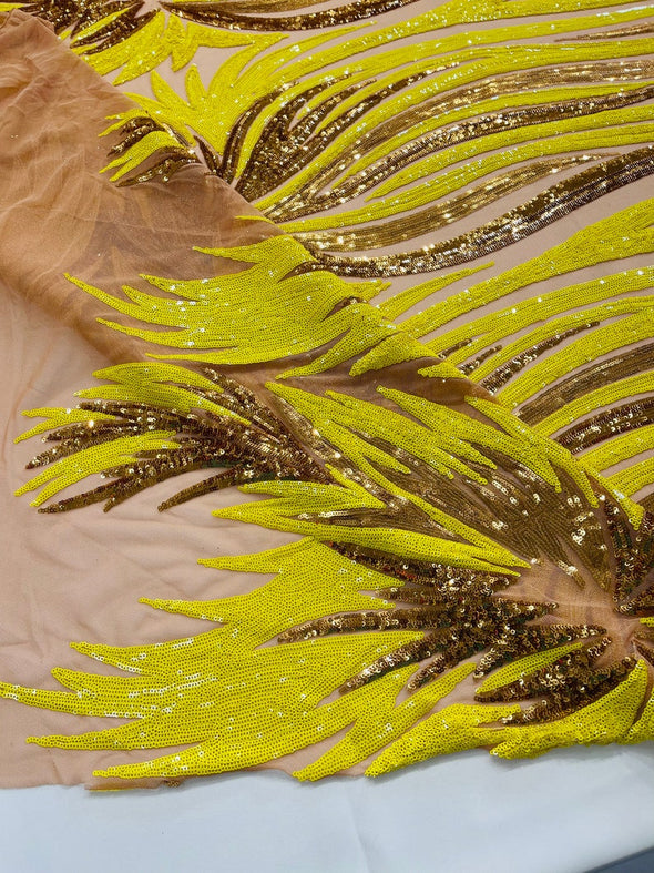 Yellow-Gold Iridescent Sequin Wings design on a Nude 4 way stretch mesh fabric- prom-nightgown-By the yard