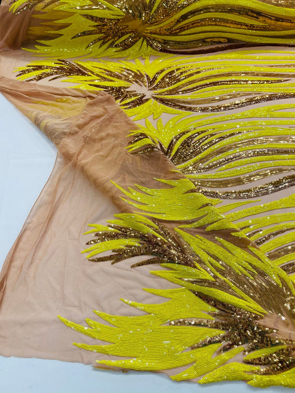 Yellow-Gold Iridescent Sequin Wings design on a Nude 4 way stretch mesh fabric- prom-nightgown-By the yard