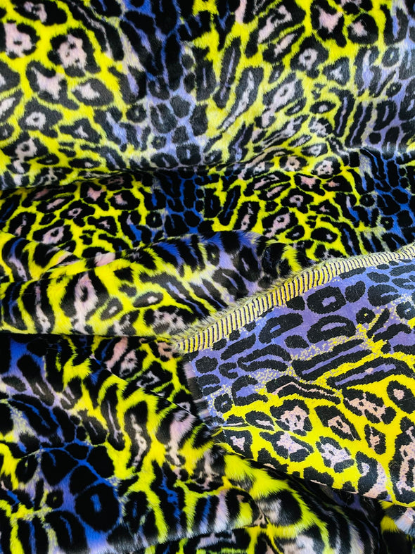 Yellow Navy Peach - Leopard Tie Dyed Faux Fur, Black Light Reflective.