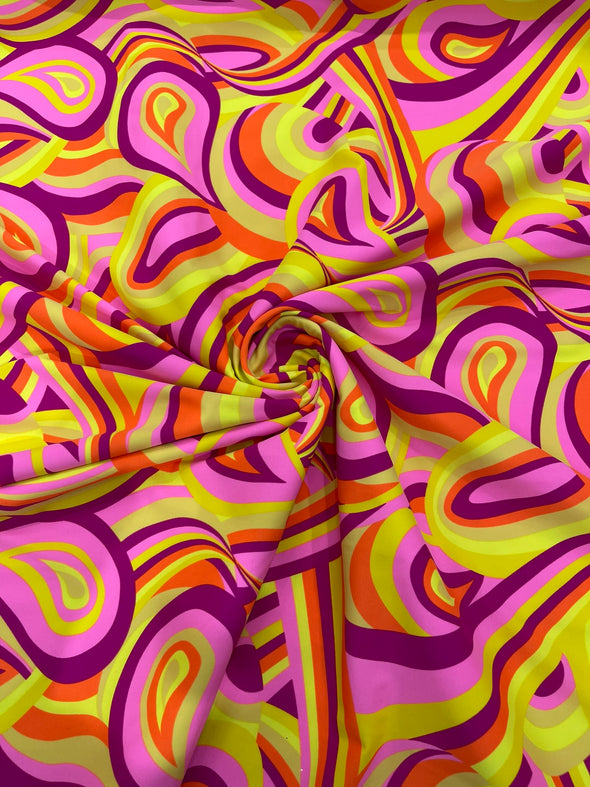 Yellow Pink-Purple Retro Paisley Spandex, by The Yard.