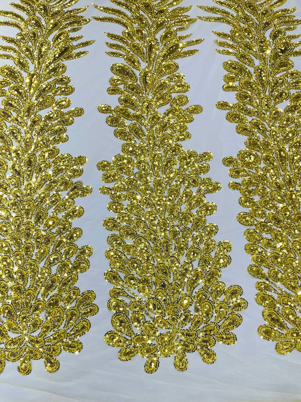 Yellow New Vegas heavy beaded feather design embroidery on a mesh fabric-Sold by the panel